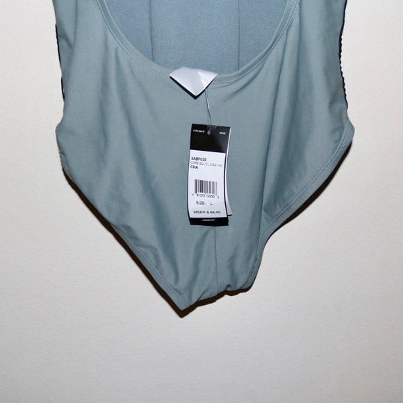 Adidas Core Solid Logo Stripe One Piece Swimsuit in Grey/Black - Picture 7 of 12